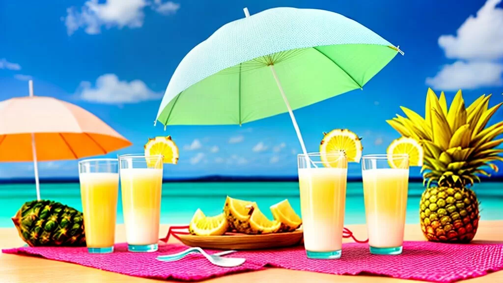 Piña Colada em copos decorados com guarda-chuvinhas de papel e fatias de abacaxi