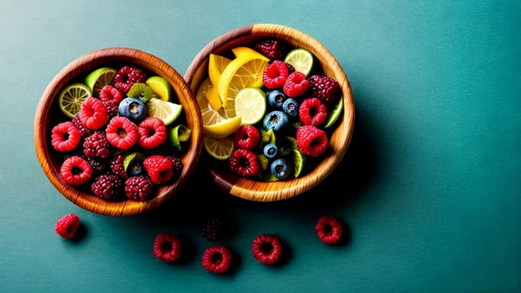 Variedades de frutas frescas em cima de uma mesa de madeira Variedades de frutas frescas em cima de uma mesa de madeira